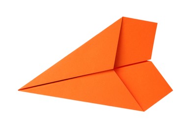 Photo of Handmade orange paper plane isolated on white