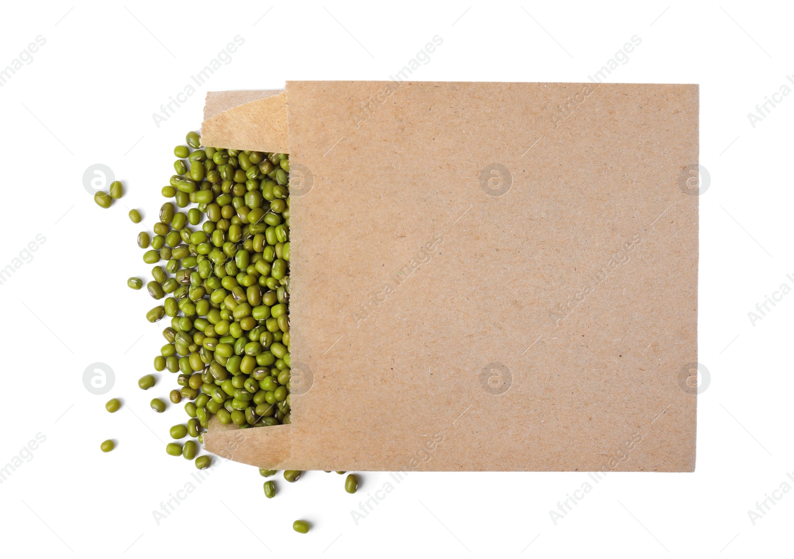 Photo of Raw mung beans with paper bag isolated on white, top view