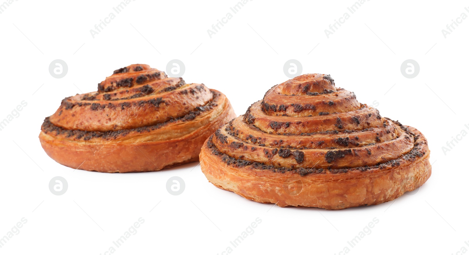 Photo of Freshly baked spiral pastries isolated on white