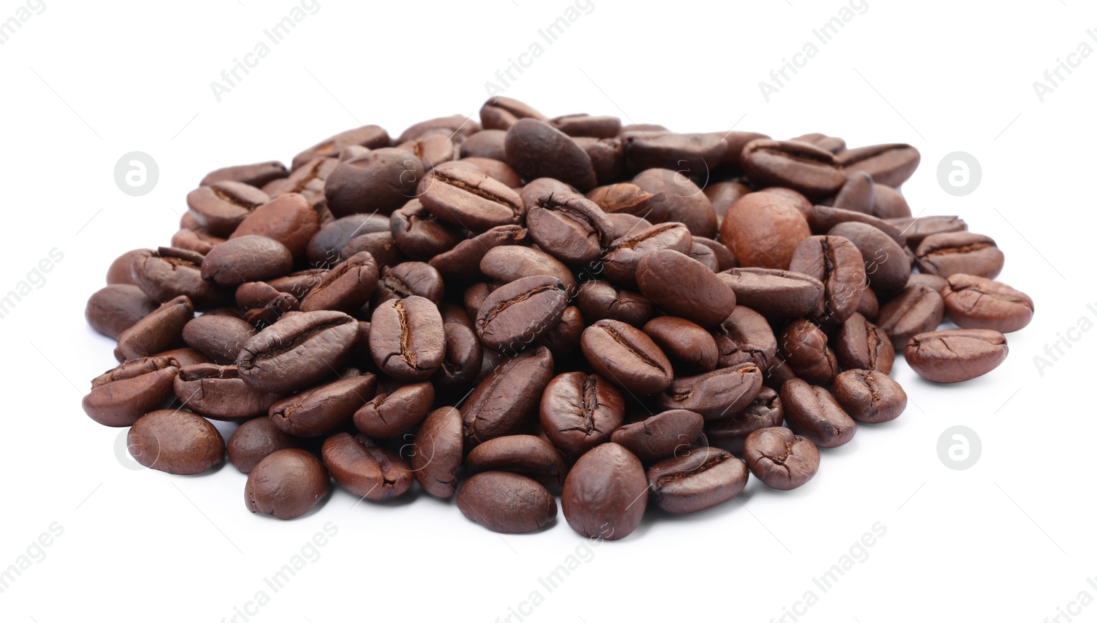 Photo of Many aromatic roasted coffee beans isolated on white