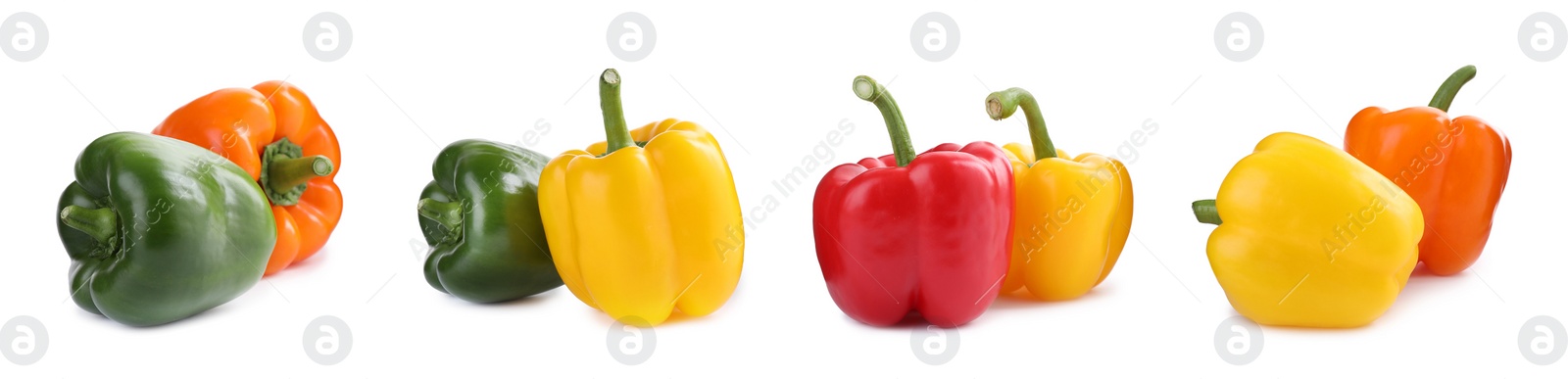 Image of Set of different ripe bell peppers on white background. Banner design 