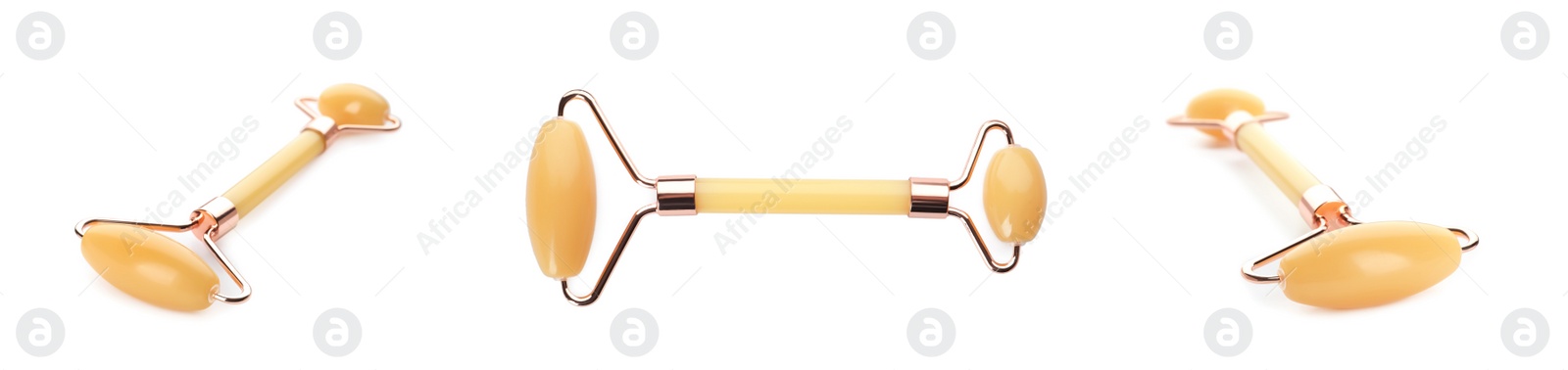 Image of Set with natural jade face rollers on white background. Banner design