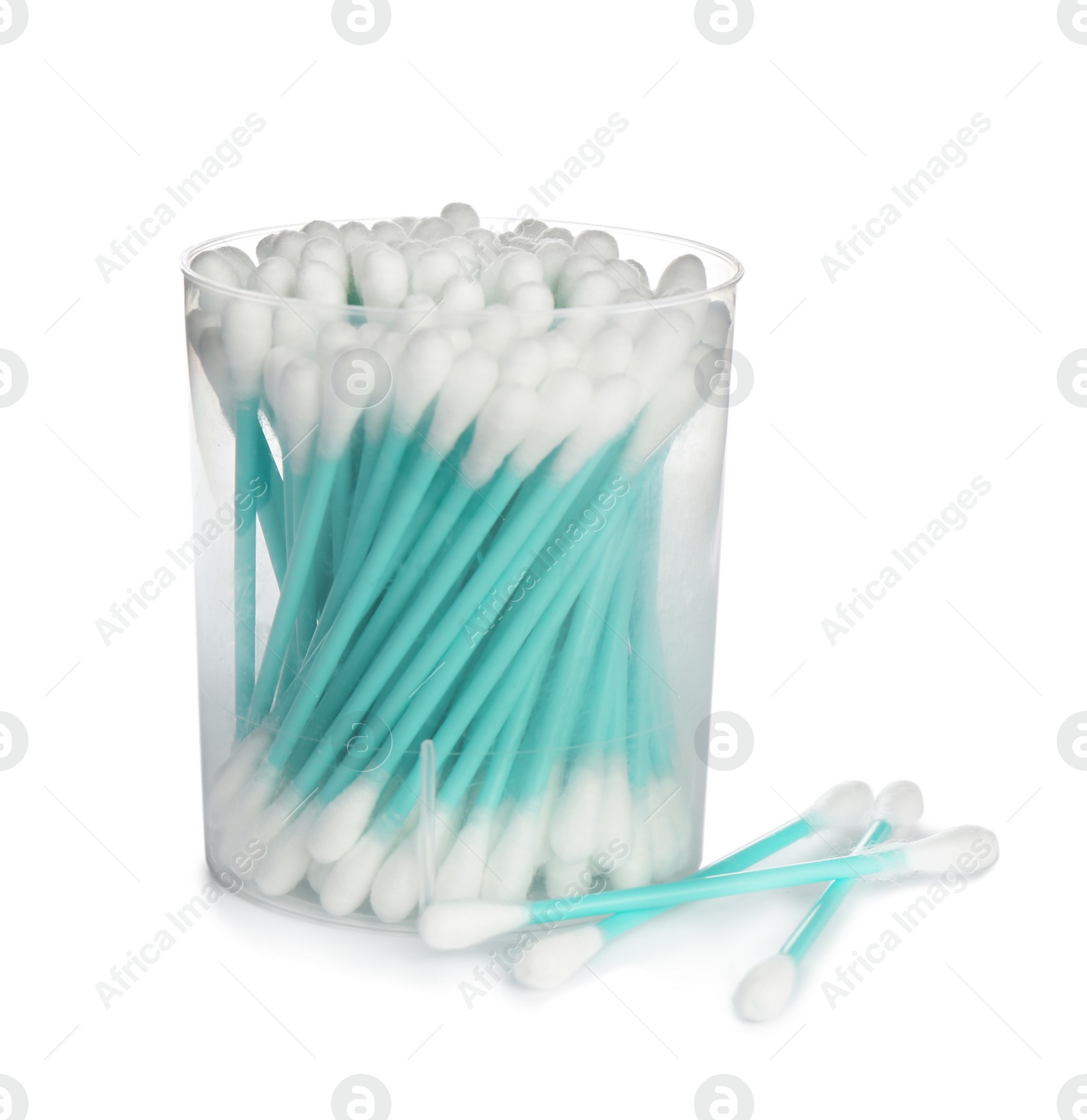 Photo of Plastic container with cotton swabs on white background