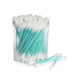 Plastic container with cotton swabs on white background