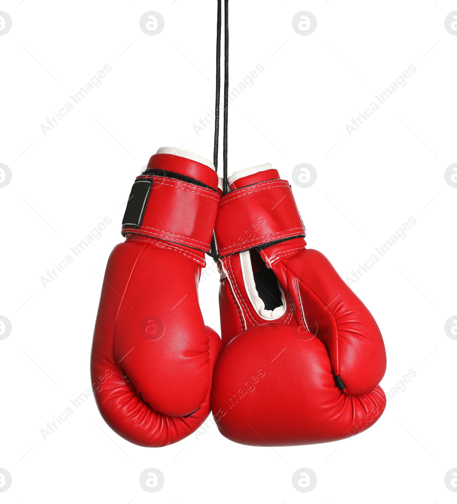 Photo of Pair of boxing gloves hanging on white background