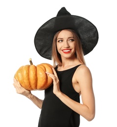 Photo of Beautiful woman wearing witch costume with pumpkin for Halloween party on white background