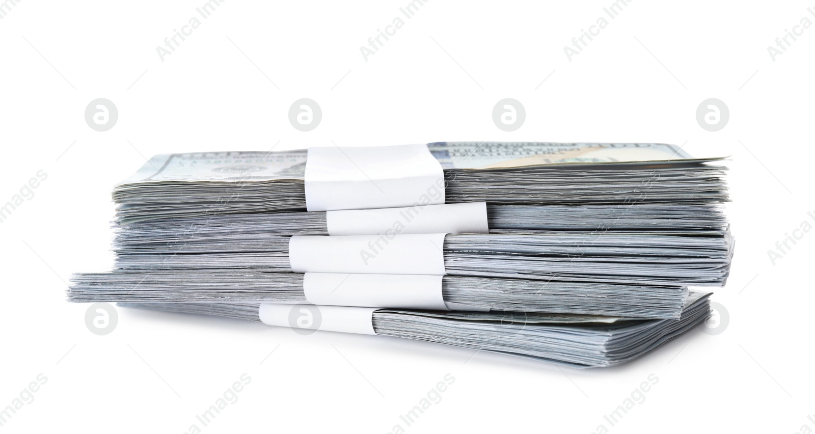 Photo of Bundles of dollar banknotes on white background. American national currency