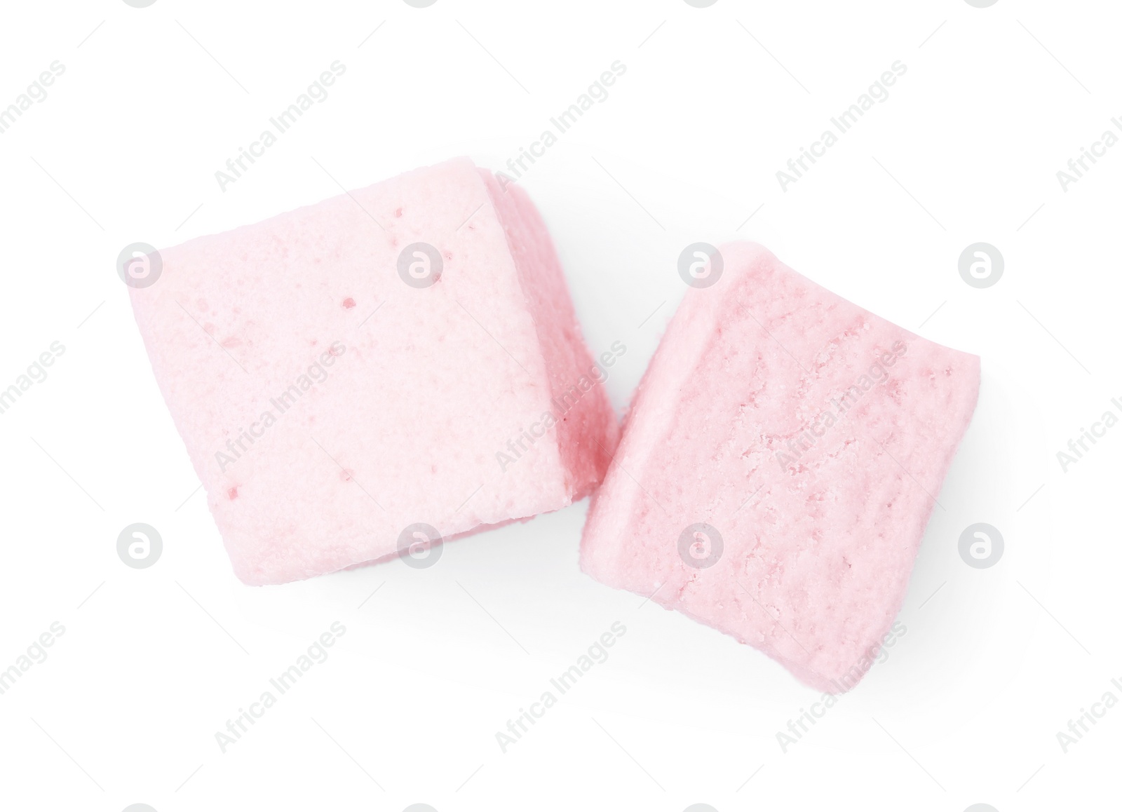 Photo of Delicious sweet puffy marshmallows on white background, top view