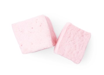 Photo of Delicious sweet puffy marshmallows on white background, top view