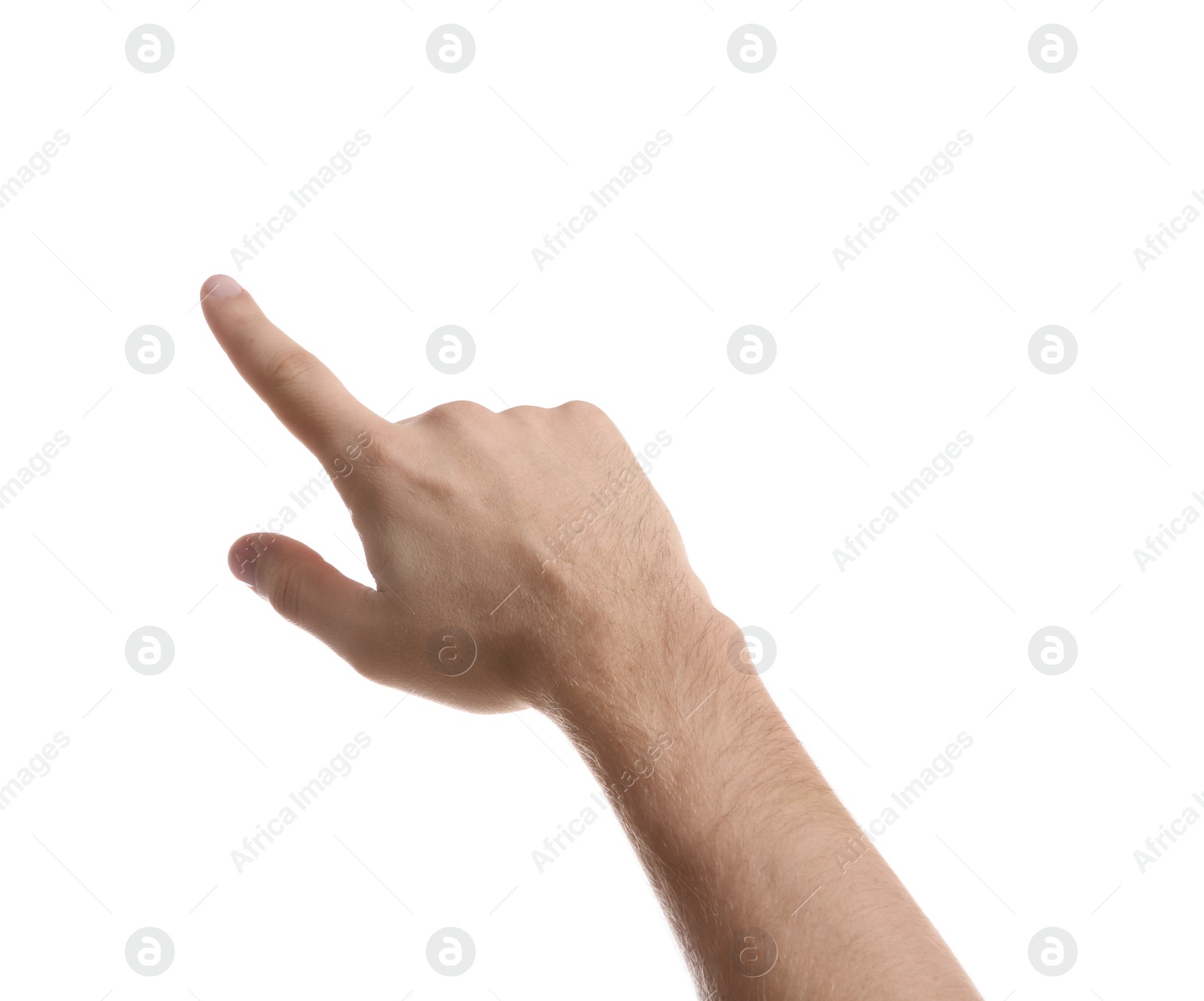 Photo of Man pointing at something on white background, closeup of hand