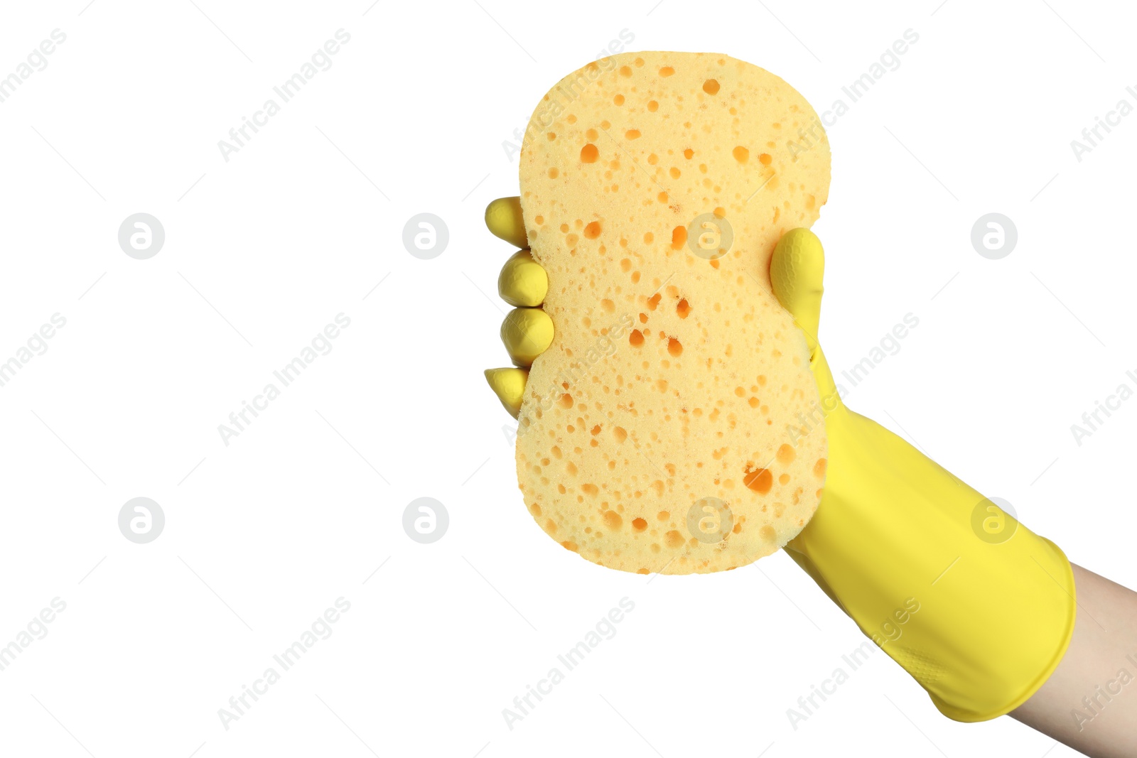 Photo of Cleaner in rubber glove holding new yellow sponge on white background, closeup