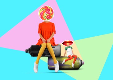 Candy woman and her lip head friend on cans of spray paints against colorful background. Summer party concept. Stylish creative collage design