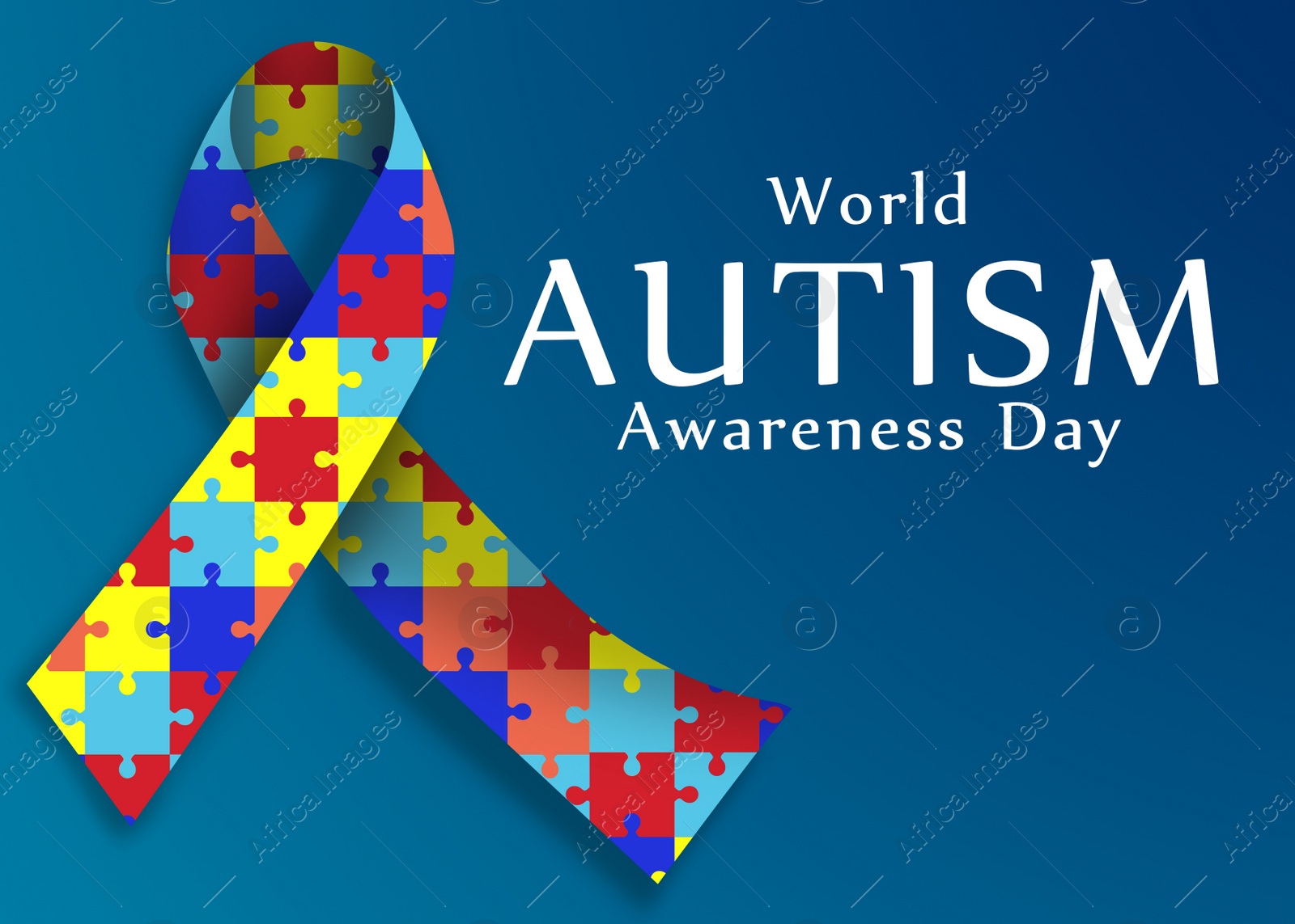 Illustration of World Autism Awareness Day. Colorful puzzle ribbon in blue background