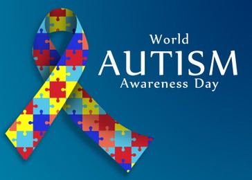 Illustration of World Autism Awareness Day. Colorful puzzle ribbon in blue background