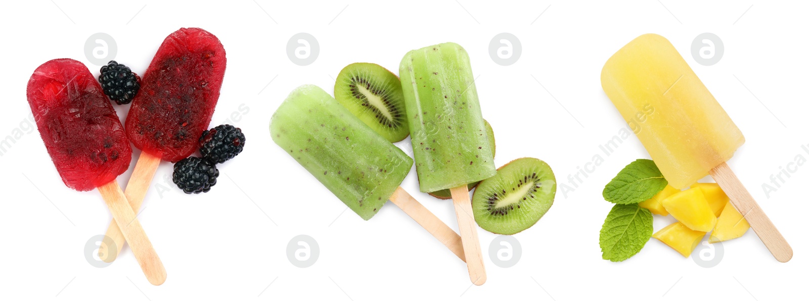 Image of Set with tasty berry ice pops on white background. Banner design