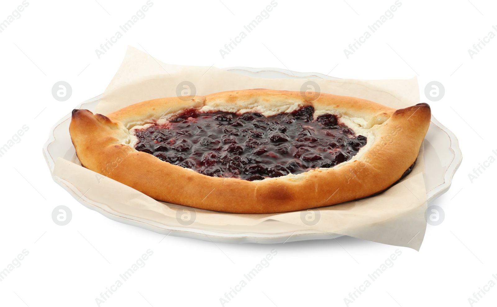 Photo of Delicious sweet cottage cheese pastry with cherry jam isolated on white