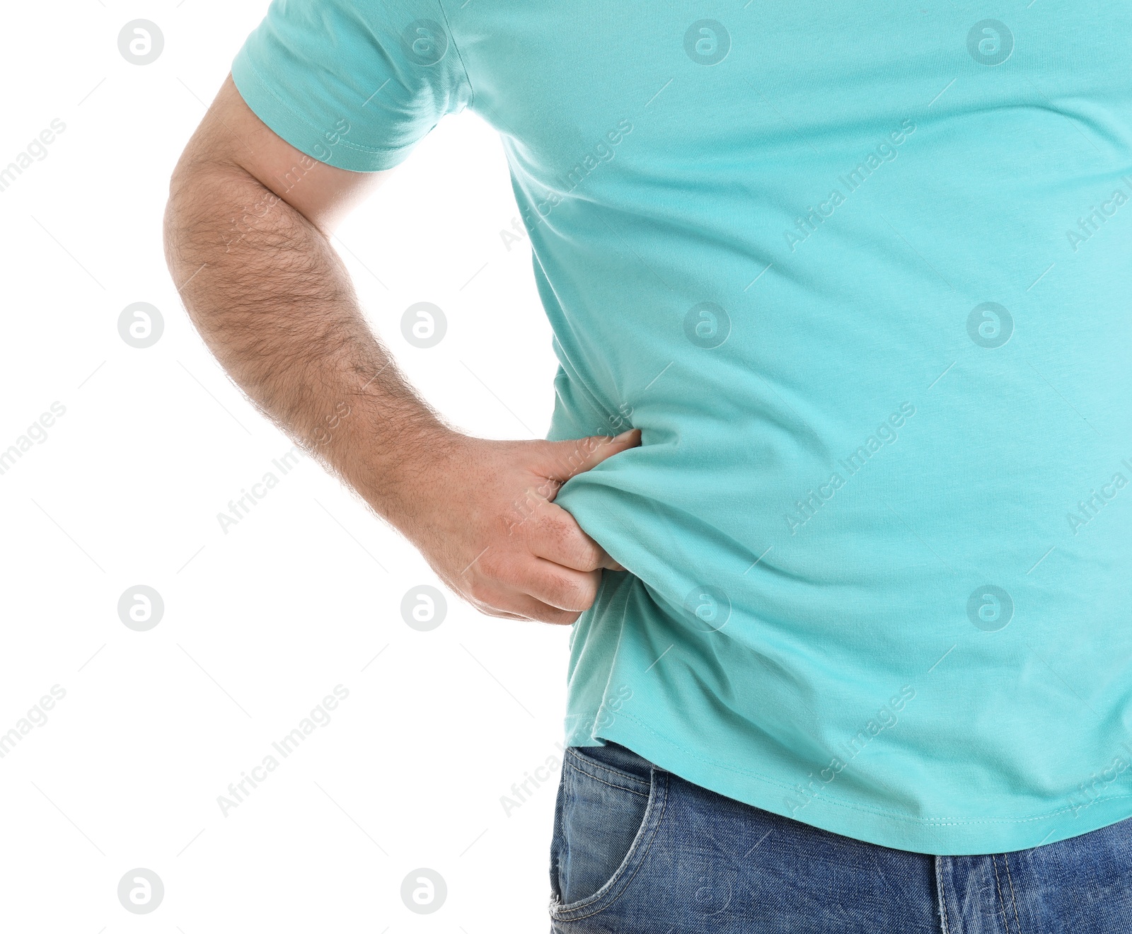 Photo of Overweight man with large belly isolated on white, closeup