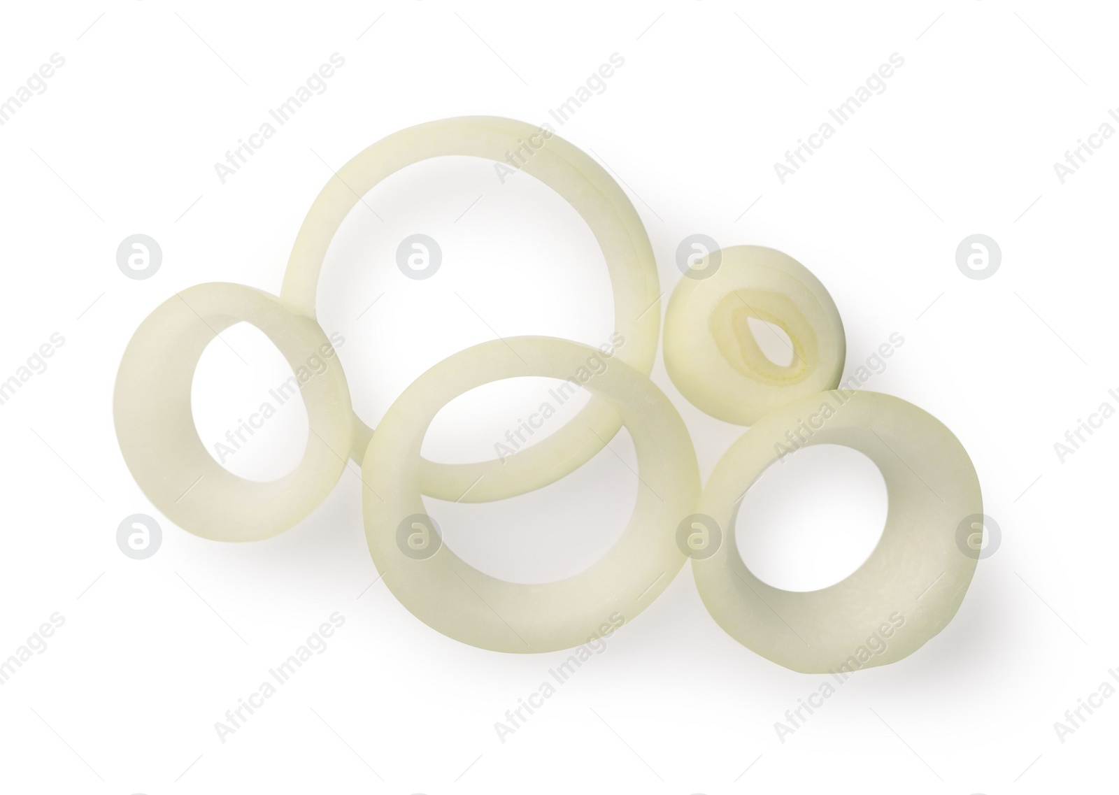 Photo of Many fresh onion rings on white background, top view