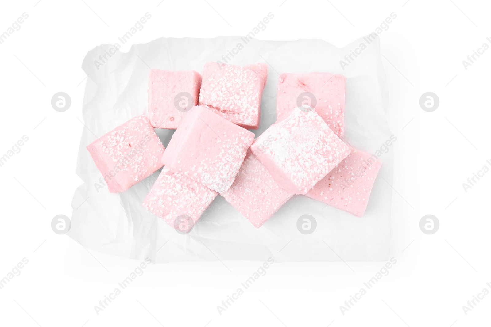 Photo of Delicious sweet marshmallows with powdered sugar isolated on white, top view