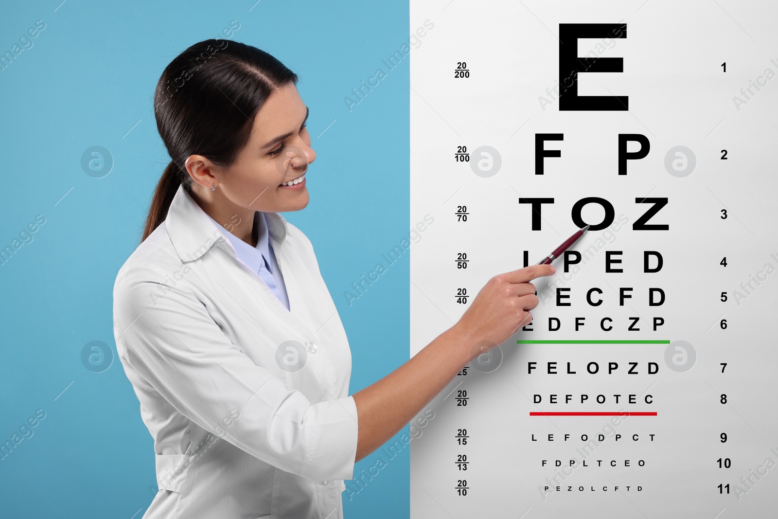 Image of Ophthalmologist pointing at vision test chart on light blue background