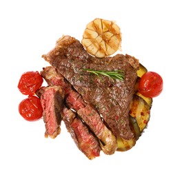 Delicious grilled beef steak with vegetables and spices isolated on white, top view