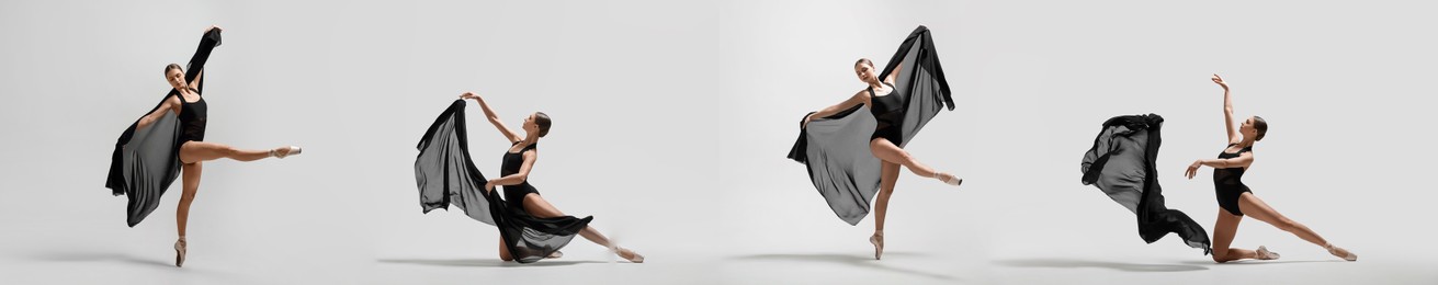 Image of Ballerina with black veil practicing dance moves on white background, set of photos