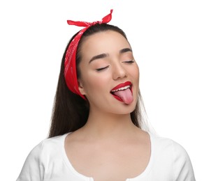 Photo of Happy woman showing her tongue on white background