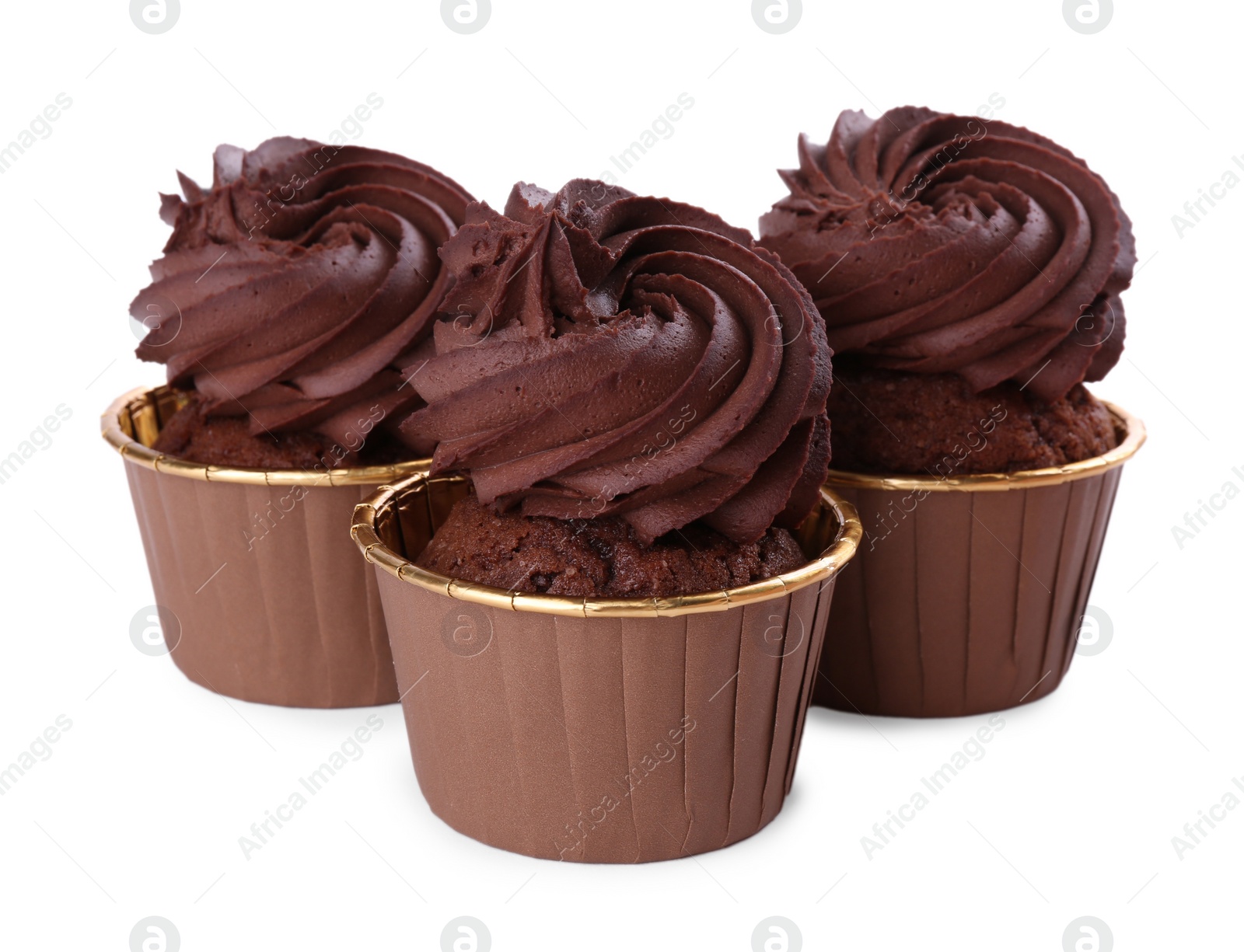 Photo of Three delicious chocolate cupcakes isolated on white