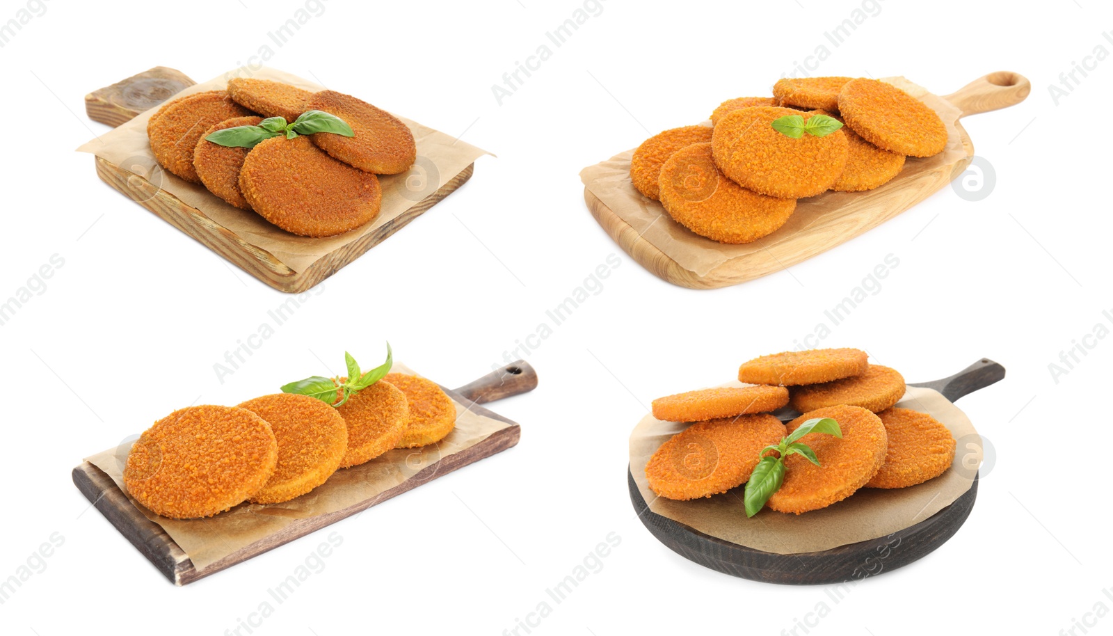 Image of Set with delicious fried breaded cutlets on white background 