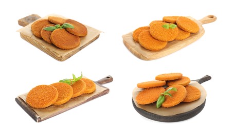 Image of Set with delicious fried breaded cutlets on white background 