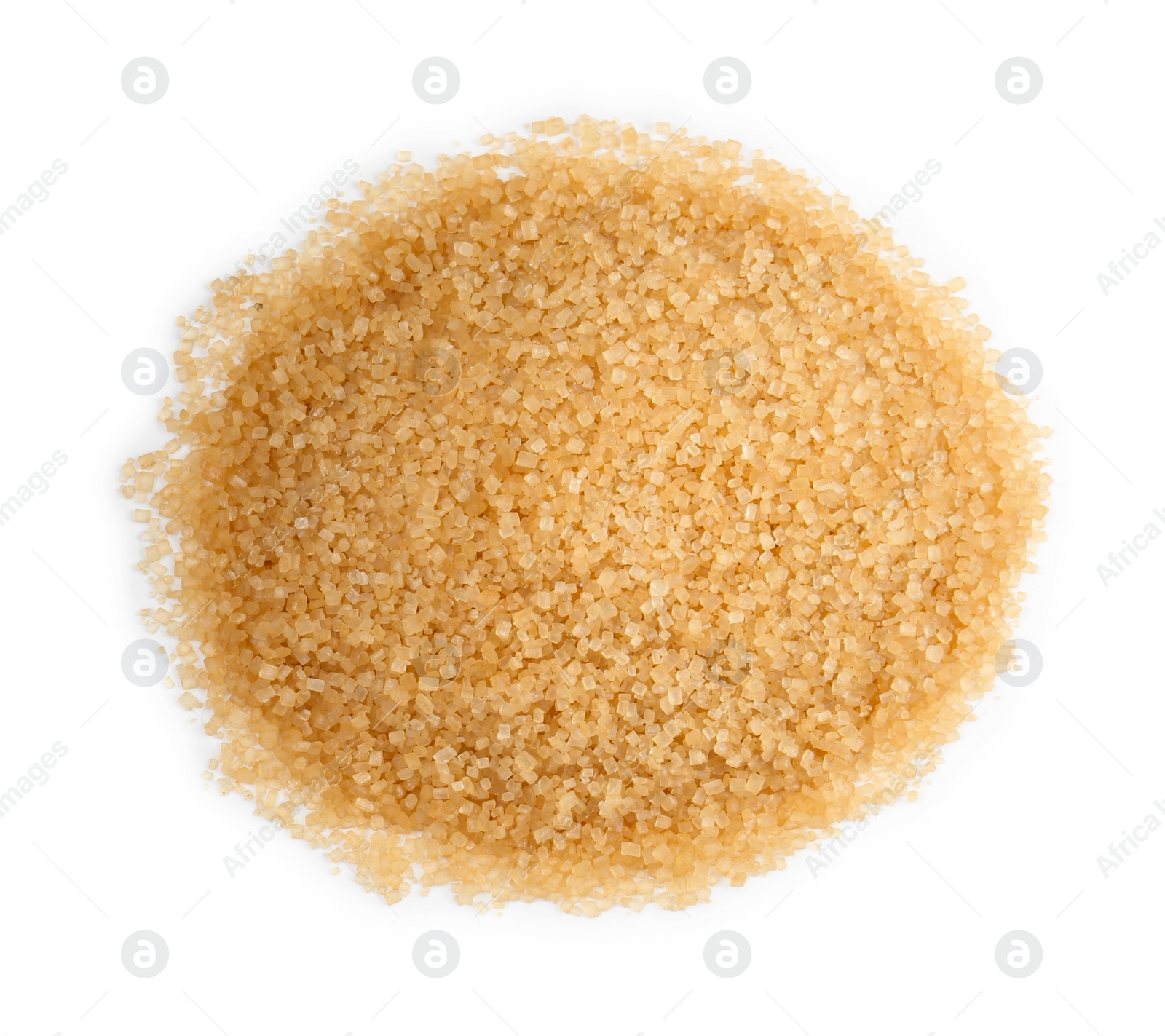 Photo of Pile of brown sugar isolated on white, top view