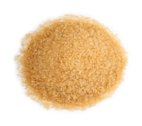 Photo of Pile of brown sugar isolated on white, top view