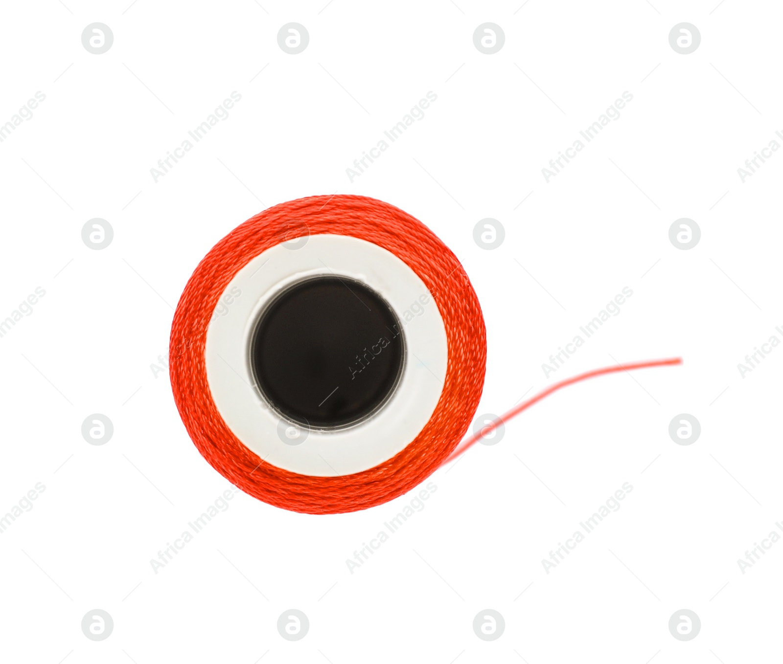 Photo of Color sewing thread on white background, top view