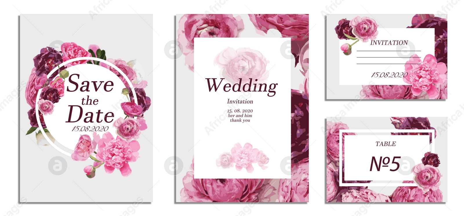 Image of Beautiful wedding invitations and cards with floral design on white background, top view