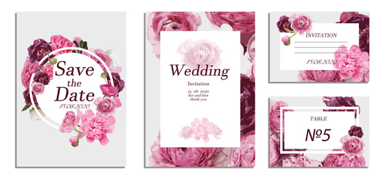 Beautiful wedding invitations and cards with floral design on white background, top view