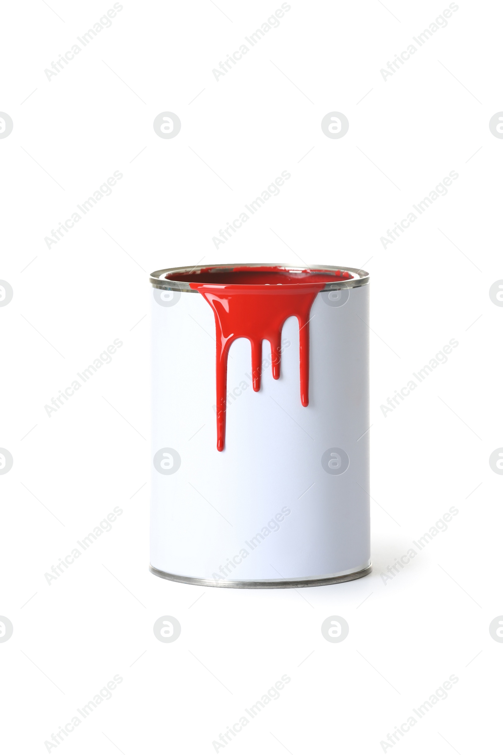 Photo of Open red paint can with stains isolated on white