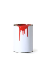 Photo of Open red paint can with stains isolated on white