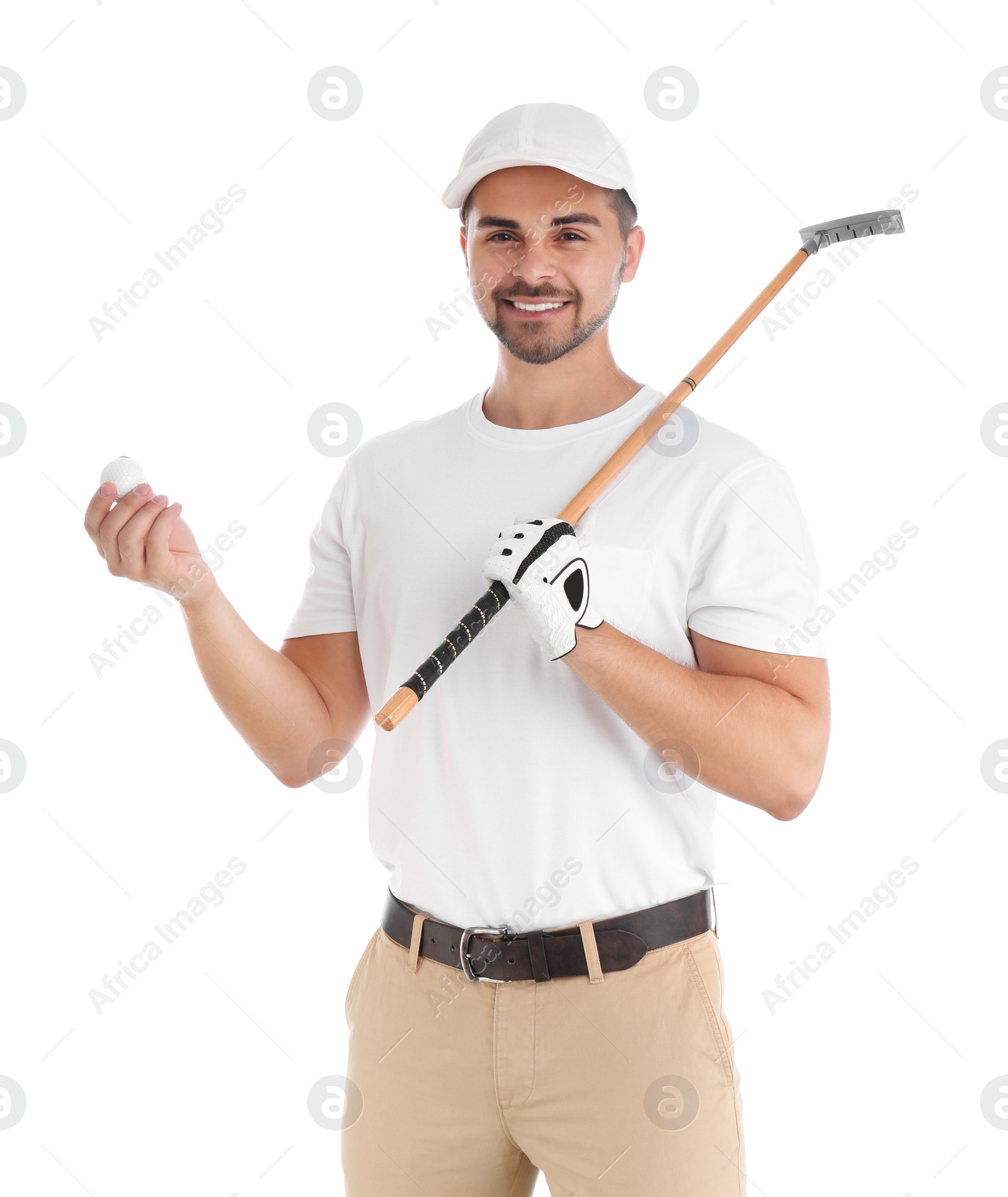 Photo of Portrait of young man with golf club and ball on white background