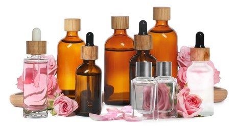 Set with bottles of essential rose oil and flowers on white background