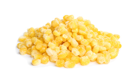 Photo of Pile of frozen corn isolated on white. Vegetable preservation