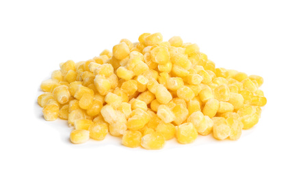 Pile of frozen corn isolated on white. Vegetable preservation