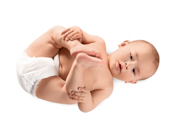 Cute little baby on white background, top view