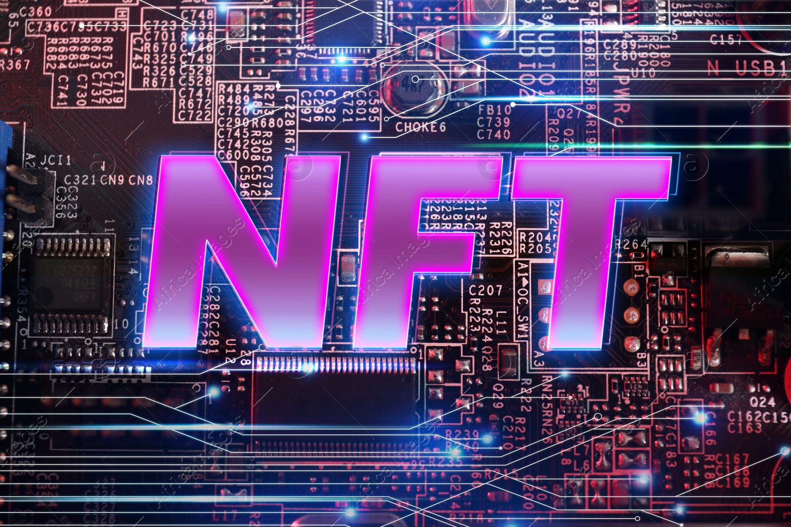 Image of Abbreviation NFT (non-fungible token) on computer motherboard, top view. Circuit board pattern illustration