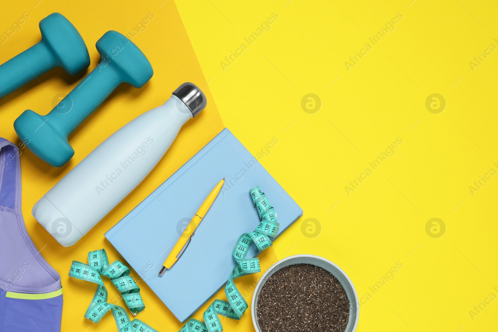 Photo of Weight loss concept. Flat lay composition with notebook, measuring tape and thermo bottle on color background, space for text