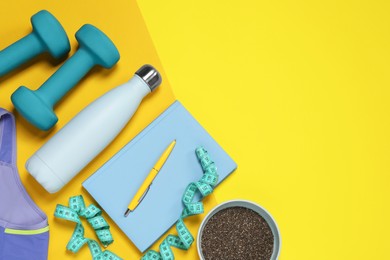 Photo of Weight loss concept. Flat lay composition with notebook, measuring tape and thermo bottle on color background, space for text