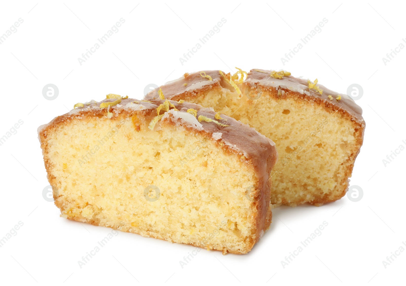 Photo of Pieces of tasty lemon cake with glaze isolated on white