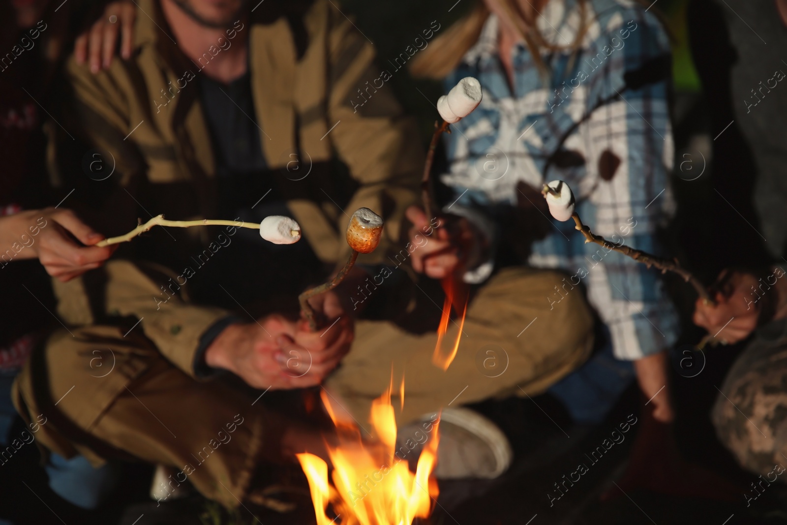 Photo of Friends frying marshmallows on bonfire at night, closeup. Camping season