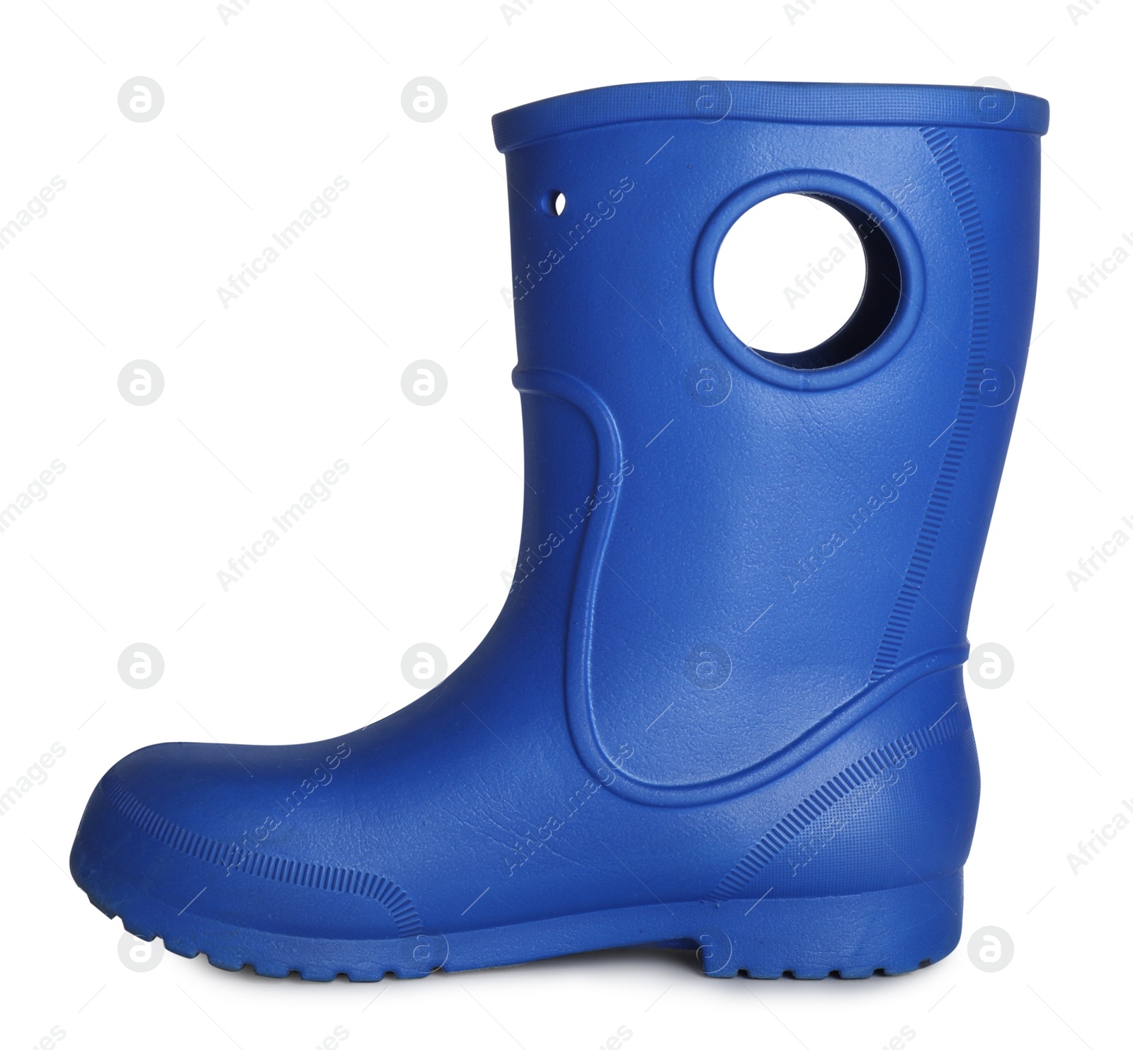 Photo of Modern blue rubber boot isolated on white