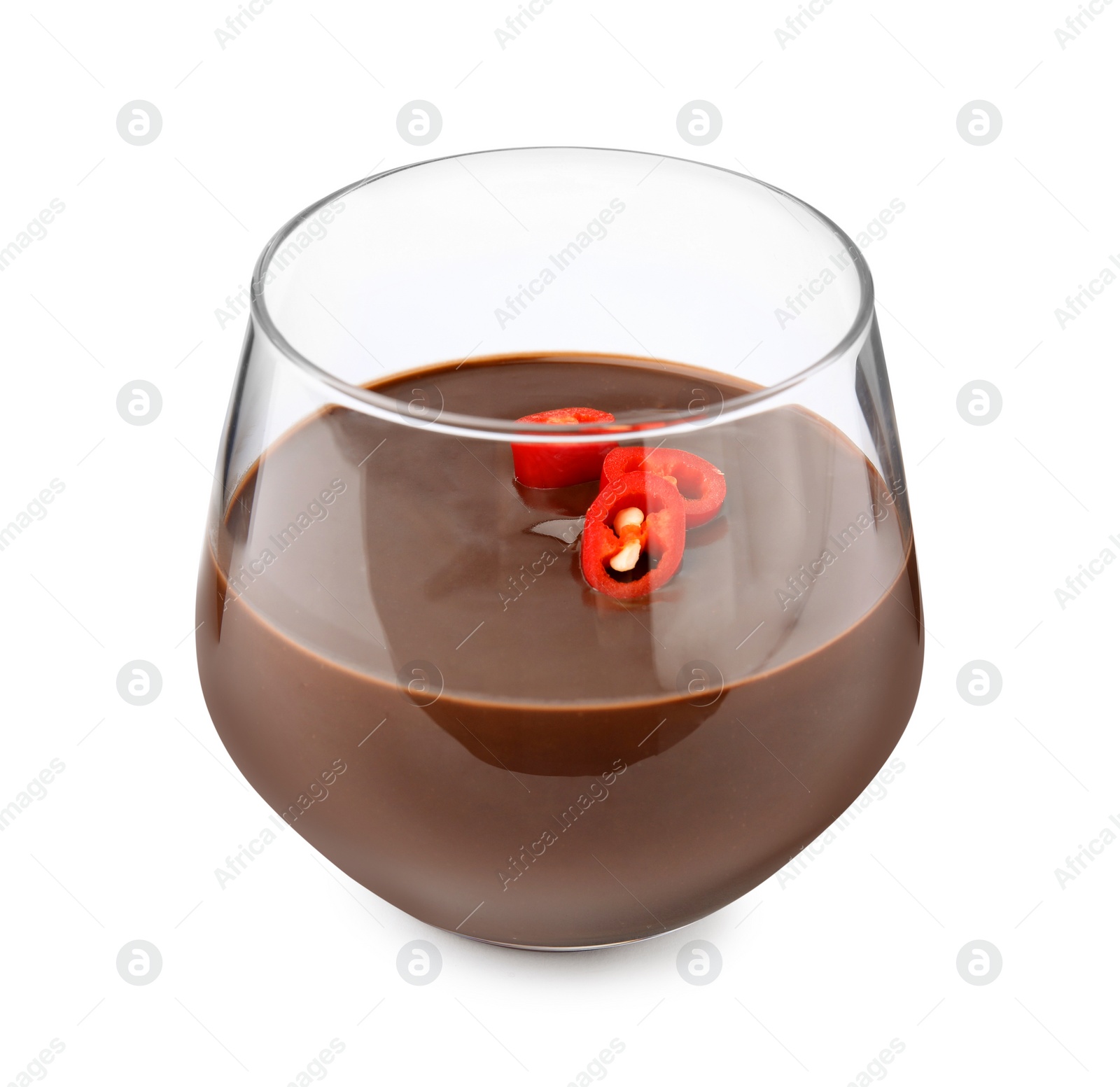 Photo of Glass of hot chocolate with chili pepper on white background