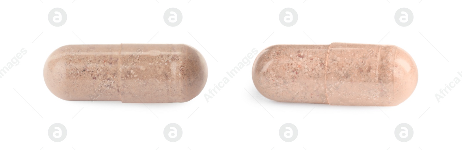 Image of Transparent gelatin capsules on white background, collage. Banner design 